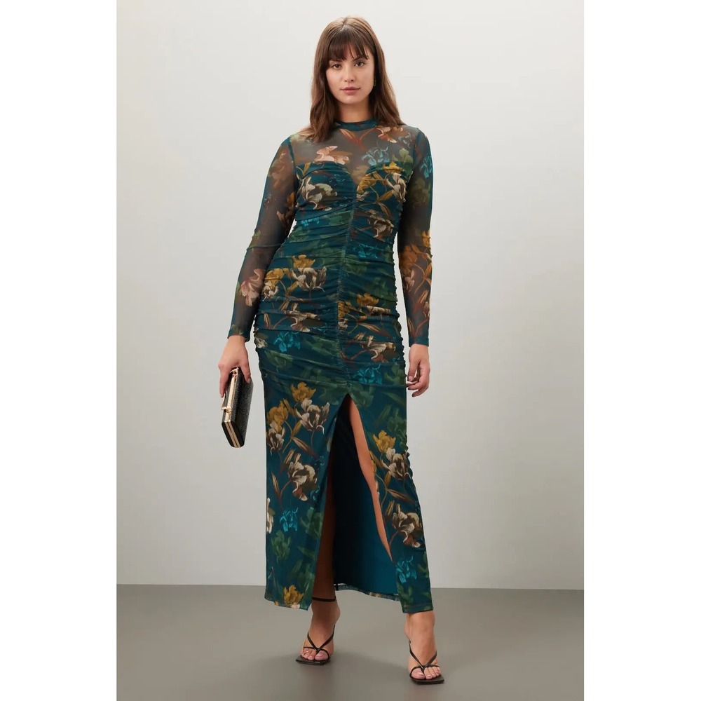 Black Halo Wendy Ruched Floral Mesh Mock Neck Gown Teal Maxi Dress Size 16
